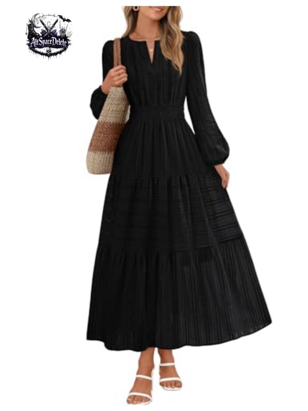 Womens Midi Maxi Dress Puff Long Sleeve V Neck Casual Modest